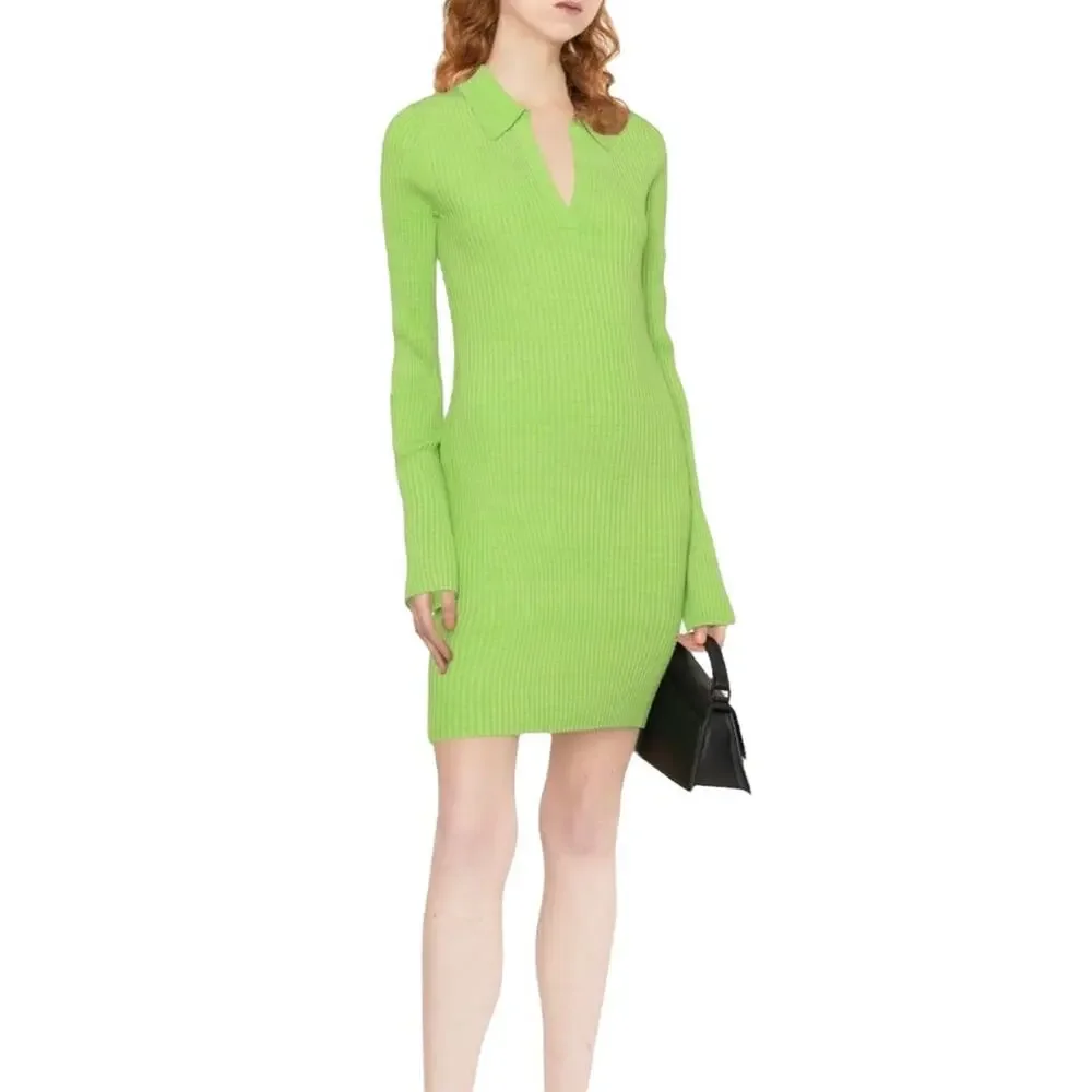 NWT Helmut Lang Marl Long Sleeve Ribbed Green Mini Dress in Lawn SMALL